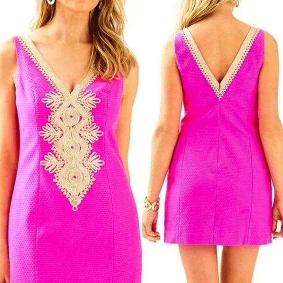 Lilly Pulitzer Junie Shift Mini Dress Berry Sangria Pink Gold Cotton Size 10 - Picture 4 of 8